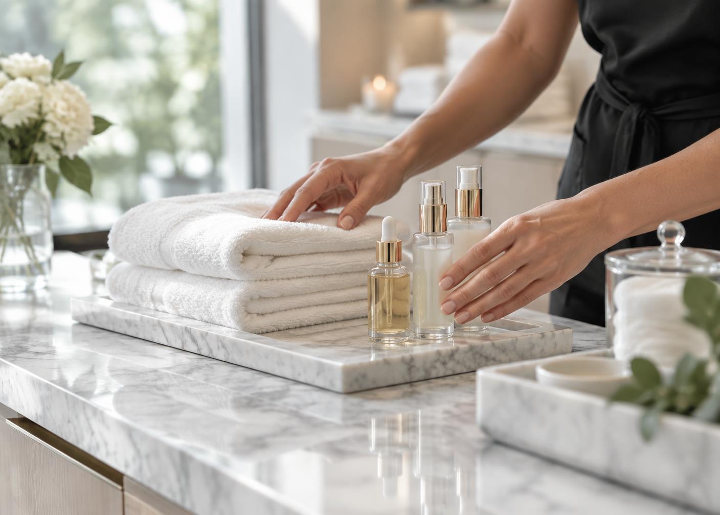 Skincare products and fresh towels prepared in a med spa